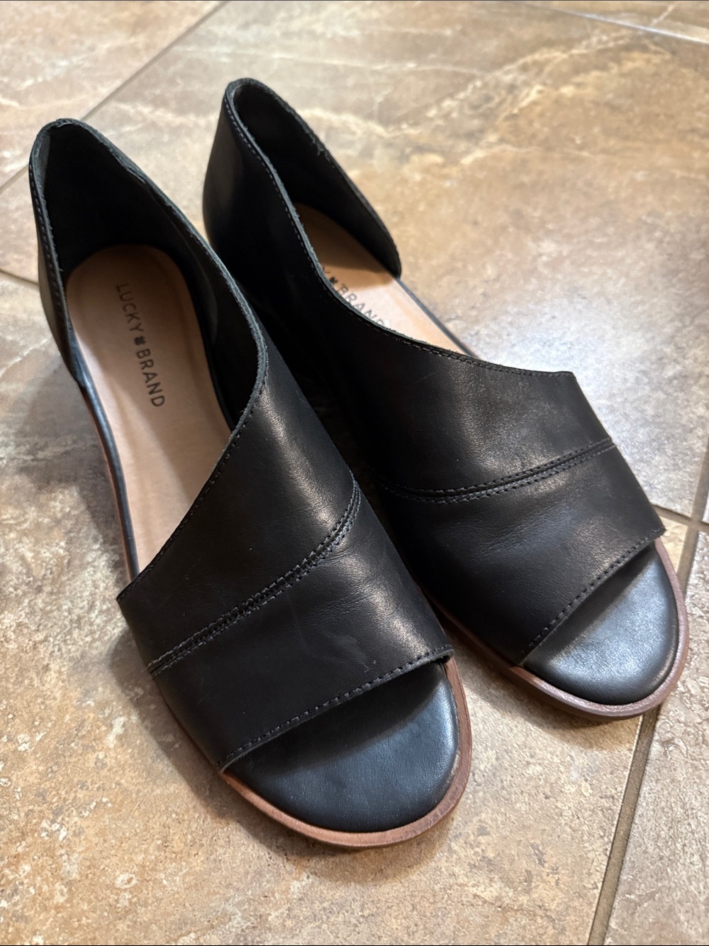 Lucky Brand Black Leather Open-Side Peep-Toe Mules